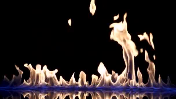 Flammen- und Feuerstreifen brennbarer Flüssigkeit oder Benzin vor schwarzem, reflektierendem Hintergrund. Eine Explosion des Feuers, brennende Zungen in blauem Licht in Zeitlupe. Flammen lodern. — Stockvideo