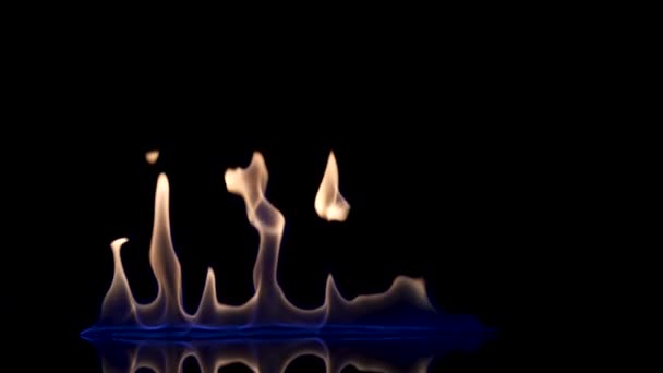 Flash and fire streak of flammable liquid or gasoline against black reflective background. An explosion of fire, flaming tongues burning in blue light close up in slow motion. Blaze flames. — Stock Video