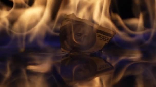 Запалювання та запалювання вогню, що висвітлює збиті паперові долари. Гроші спалюються на чорному тлі, банкноти, оточені мовами полум'я, валюта підпалюється. Крупним планом, повільний рух . — стокове відео