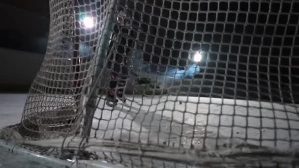 Una vista dietro la rete di hockey in avanti che colpisce il disco con il suo bastone e segna un gol. Primo piano di un disco da hockey al rallentatore che vola nella rete. Arena di hockey scuro con riflettori e fumo. — Video Stock
