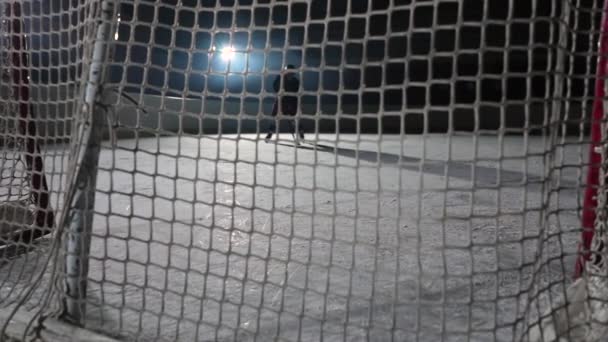 Una vista detrás de la red de hockey delantero que golpea el disco con su palo y marca un gol. Primer plano de un disco de hockey en cámara lenta volando en la red. Arena de hockey oscuro con focos y humo. — Vídeo de stock