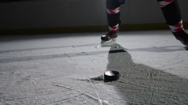 Profesjonalista uderza w krążek kijem hokejowym, tworząc dużo lodu w proszku. Hokeista ćwiczy hity na ciemnej, oświetlonej lodowej arenie. Film w zwolnionym tempie. Zamknij się.. — Wideo stockowe