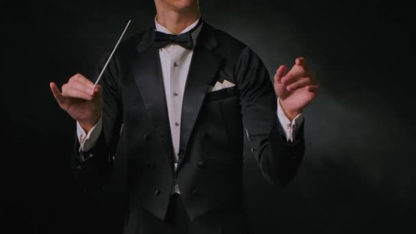 Concert of classical music under direction of an orchestra conductor. Man waves his baton to synchronize and conducting musicians in theater. Black background with smoke and backlight. Close up. — Stock Video