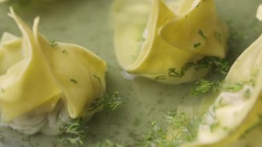 Gri bir tabakta dönen mantı soslu çorbanın detaylı çekimi. Çin mantısı, üzerine dereotu ve baharat serpiştirilmiş. Dim Sum buharlı börek. Çin lokantası mutfağı. Yavaş çekim.