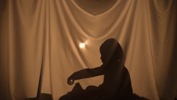 Silhouette d'un petit garçon regardant une maison de jouets. Enfant d'âge primaire passer ses loisirs, assis derrière un rideau à la maison. Théâtre de marionnettes d'ombres, jeu d'ombre et de lumière. Gros plan. — Video