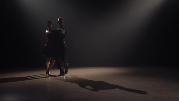 アルゼンチンの熱狂的なタンゴの要素は、ダンサーのペアによって実行されます。シルエットの男と女がライトと煙で暗闇の中でラテンダンスを踊っている。スローモーション準備完了、 59.94fpsで4K. — ストック動画