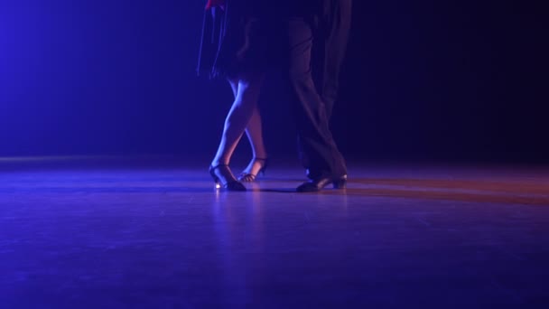 Foto de las piernas de bailarines bailando elementos del tango argentino. Primer plano de los pies del hombre y la mujer moviéndose en el suelo. Coreografía de baile en la oscuridad con luz azul. Cámara lenta lista, 4K a 59.94fps. — Vídeos de Stock
