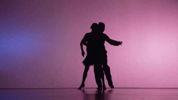 Elements of Argentine tango performed by pair of dancers. Silhouettes of man and woman dancing latin dance choreography in studio with blue pink background. Slow motion ready, 4K at 59.94fps. — Stock Video