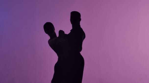 アルゼンチンタンゴの要素は、ダンサーのペアによって実行されます。青ピンクを基調としたスタジオでラテンダンスの振付を踊る男女のシルエット。閉めろ。スローモーション準備完了、 59.94fpsで4K — ストック動画