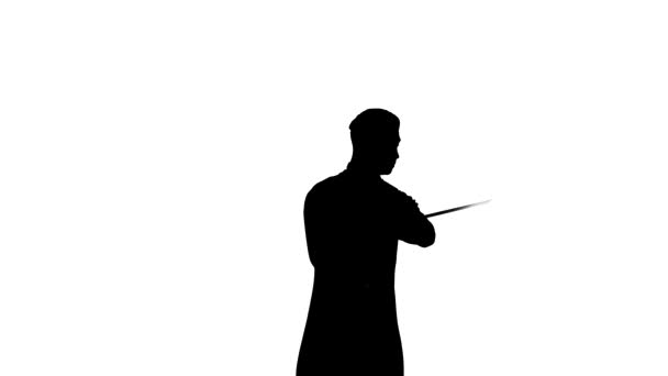 Silhouette nera del leader dell'orchestra che indossa l'abito usando il bastone conduttore per sincronizzare i musicisti. Maestro dirige musicisti con movimento di bastone su sfondo bianco da studio. Da vicino.. — Video Stock