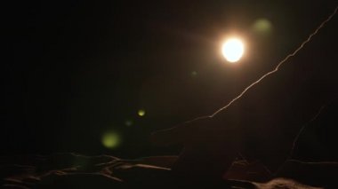 Erkek eli silueti avuç dolusu kum topluyor ve arka plandaki siyah arka planda avucundan kum taneleri dökülüyor. Kum tanecikleri karanlıkta parmaklarından dökülür. Kapatın. Yavaş çekim.