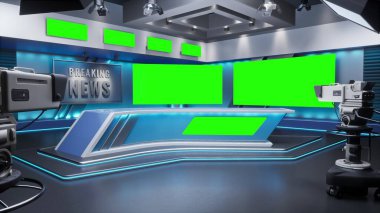 TV Stüdyosu. Stüdyo. Haber stüdyosu. Haber Yayın için Haber Odası Arkaplanı. TV istasyonundaki stüdyoda bulanıklık. Haber kanalı tasarımı. Kontrol odası. 3 boyutlu görüntüleme. Yeşil Ekran