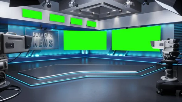 Tv Studio. Studio. News studio. Newsroom Background for News Broadcasts. Blurred of studio at TV station. News channel design. Control room. 3D rendering. Green screen — Stock Photo, Image