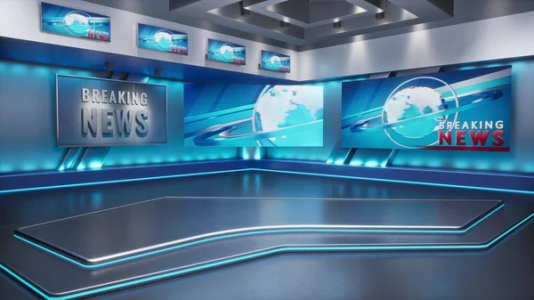 3D Virtual TV Studio News, Bakgrund för TV-program. TV på väggen. — Stockfoto