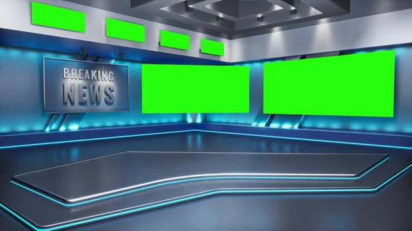 Tv Studio. Studio. News studio. Newsroom Background for News Broadcasts. Blurred of studio at TV station. News channel design. Control room. 3D rendering. Green screen — Stock Photo, Image