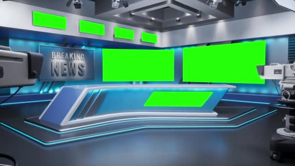 TV-studion. Studion. Nyhetsstudio. Newsroom Bakgrund för Nyheter Sändningar. Oskärpa i studion på TV-stationen. Nyhetskanalens utformning. Kontrollrummet. 3D-återgivning. Grön skärm — Stockvideo