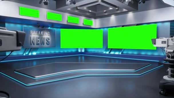 De tv-studio. Een studio. Nieuws studio. Newsroom Achtergrond voor News Broadcasts. Wazig van studio op TV station. Nieuws kanaal ontwerp. Controlekamer. 3D weergave. Groen scherm — Stockvideo