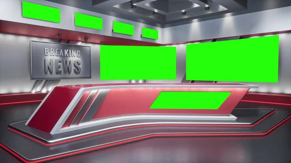 Tv Studio. Studio. News studio. Newsroom Background for News Broadcasts. Blurred of studio at TV station. News channel design. Control room. 3D rendering. Green screen — Stock Photo, Image