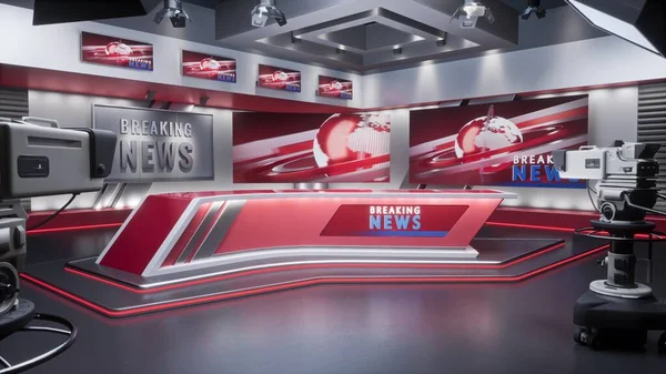 3D-rendering Virtual TV Studio News, Bakgrund för TV-program. TV på väggen. — Stockfoto
