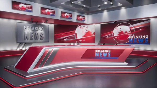 3D-rendering Virtual TV Studio News, Bakgrund för TV-program. TV på väggen. — Stockfoto