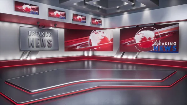 3D-rendering Virtual TV Studio News, Bakgrund för TV-program. TV på väggen. — Stockfoto