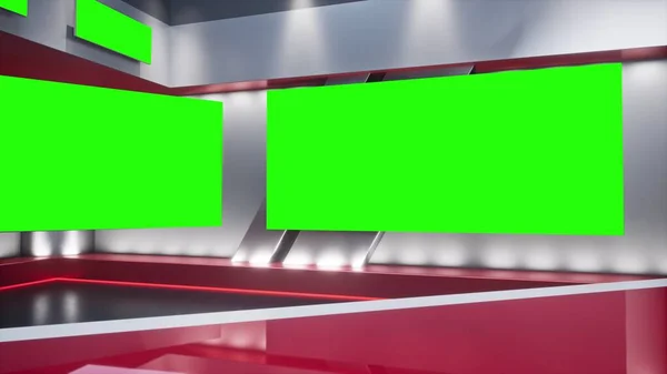 Fernsehstudio. Studio. Nachrichtenstudio. Newsroom Hintergrund für Nachrichtensendungen. Verschwommenes Studio beim Fernsehsender. Nachrichtenkanalgestaltung. Kontrollraum. 3D-Rendering. Grüner Bildschirm — Stockfoto