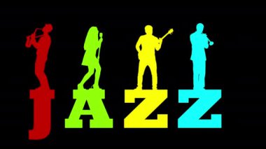 A jazz band consisting of a saxophonist, vocalist, guitarist and trumpeter plays while standing on the colorful word Jazz.