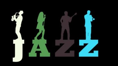 A jazz band consisting of a saxophonist, vocalist, guitarist and trumpeter plays while standing on the colorful word Jazz.