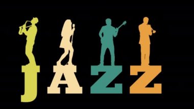 A jazz band consisting of a saxophonist, vocalist, guitarist and trumpeter plays while standing on the colorful word Jazz.
