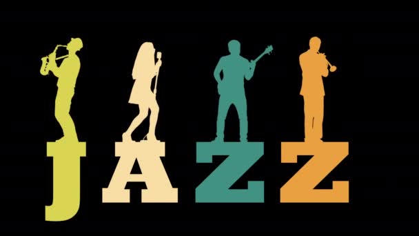 A jazz band consisting of a saxophonist, vocalist, guitarist and trumpeter plays while standing on the colorful word Jazz. — Stockvideo