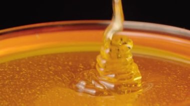 Bir bardağa akan kalın altın bal damlası. İzole edilmiş siyah arkaplana damlayan ballı pekmezin makro görüntüsünü kapat. Tatlı tatlı. Organik ve iyileştirici gıdaların geçmişi.