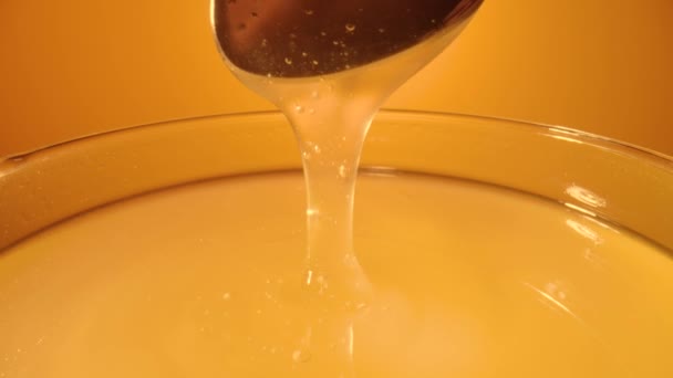 Μέλι στάζει, ρίχνει από κουτάλι σε ποτήρι. Χοντρή μελάσα μελιού στάζει σε γεμάτο ποτήρι. Κοντινό πλάνο του χρυσού μελιού υγρό, γλυκό προϊόν της μελισσοκομίας. Σιρόπι ζάχαρης ρίχνει σε κίτρινο φόντο. — Αρχείο Βίντεο