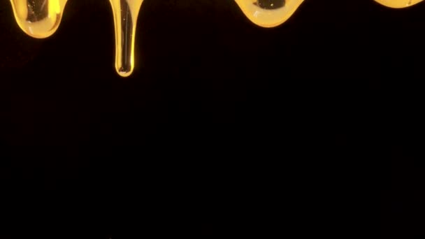 Kapky hustého zlatého medu stékaly po černém pozadí. Detailní záběr rozlitého sladkého nektaru nebo melasy. Tekutý med teče a kape. Cukrový sirup se nalévá. Zdravý a léčebný dezert. — Stock video