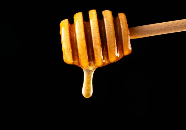 Honning dryppende, øsende fra en honningdypper på en svart isolert bakgrunn. Sunn økologisk tykk honning dyppe fra en skje av tre, lukk opp. Gyllen væske, søt melasse, sukkersirup. – stockfoto