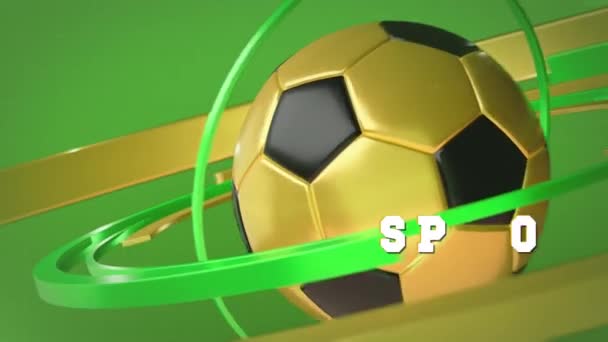 Zlatý fotbalový míč se otáčí na zeleném pozadí. Spořič obrazovky pro sportovní novinky. — Stock video