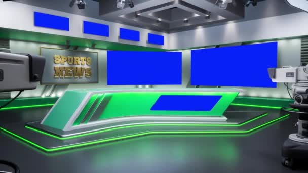 3D vykreslování Virtuální TV Sport Studio News, Backdrop Pro TV pořady. Televize na zdi. Oblast reklam, pracovní prostor se modlí. — Stock video