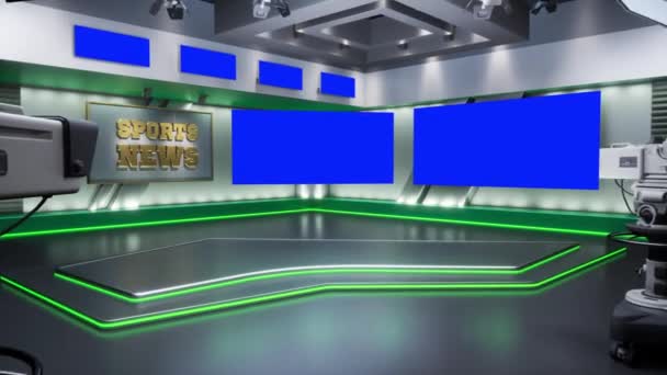 3D vykreslování Virtuální TV Sport Studio News, Backdrop Pro TV pořady. Televize na zdi. Oblast reklam, pracovní prostor se modlí. — Stock video