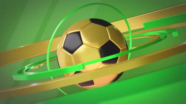 ลูกฟุตบอลสีทองหมุนบนพื้นหลังสีเขียว สกรีนเซฟเวอร์สําหรับข่าวกีฬา ลูป แอนิเมชั่น . — วีดีโอสต็อก
