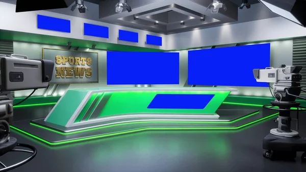 3D renderowania Virtual TV Sport Studio News, tło dla programów telewizyjnych. Telewizor na ścianie. Powierzchnia reklamowa, makieta obszaru roboczego. — Zdjęcie stockowe