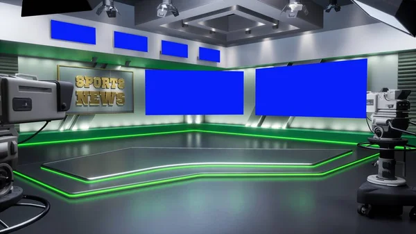 3D renderowania Virtual TV Sport Studio News, tło dla programów telewizyjnych. Telewizor na ścianie. Powierzchnia reklamowa, makieta obszaru roboczego. — Zdjęcie stockowe