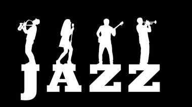 A jazz band consisting of a saxophonist, vocalist, guitarist and trumpeter plays while standing on the white word Jazz.
