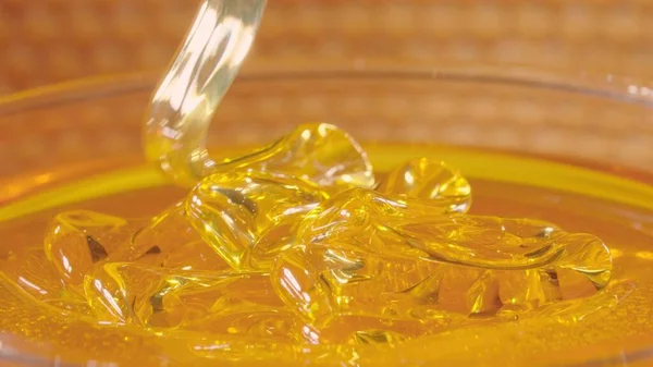 Толстый золотой мед, текущий в стакан. Свежая органическая мёдовая патока наливается очень близко. Сладкий продукт пчеловодства. Здоровый десерт, сладкая еда, натуральный сироп разлился. — стоковое фото
