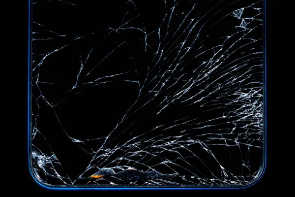 Black crashed smartphone with broken screen on black isolated background. Mobile phone with cracked display glass. Modern phone with cracks on the touchscreen. Destroyed Gadget. Repair concept