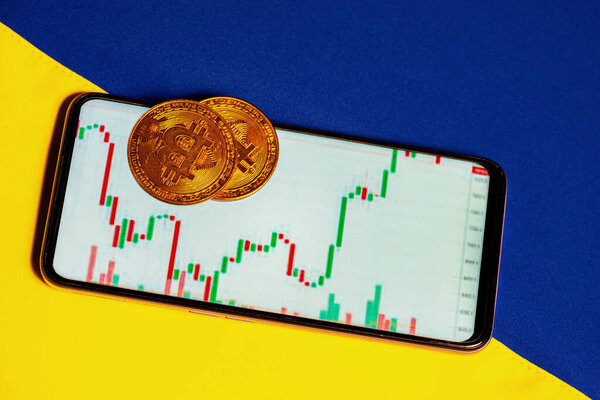 Bitcoin Mobile Phone Cryptocurrency Market Graph Yellow Blue Ukrainian Flag Stock Image