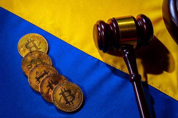 Gold Cryptocoins Bitcoin Judge Gavel Yellow Blue Flag Ukraine Close Royalty Free Stock Images