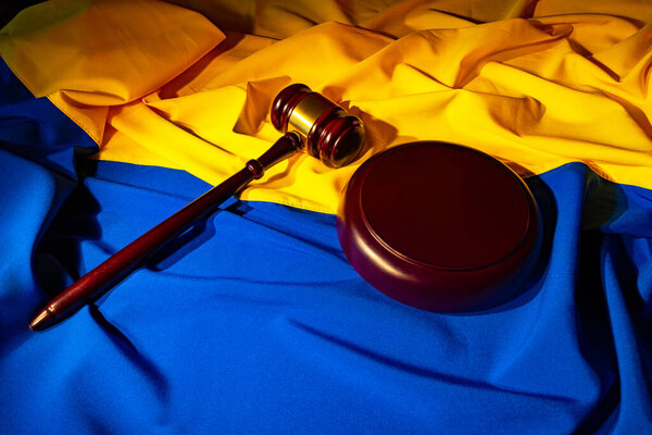 Wooden Gavel Judge Guilt Background Flag Ukraine Blue Yellow Ukrainian Stock Photo