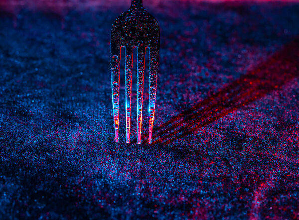 Steel Fork Drops Water Red Blue Light Dark Background Fork Stock Image