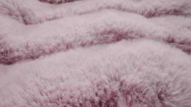 Yumuşak tüylü pembe kürk kumaş dokusu. Sahte kıllı kürk. Tüylü sahte kürk giysiler, kürklü battaniye. Kamera kürk kılları boyunca hareket eder. Tekstil tüylü iplik yakın plan. Moda endüstrisi tekstil