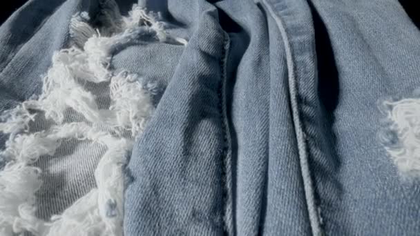 Macro Shot Blue Denim Jeans Material Holes Scuffs Structure Garment — Stock Video