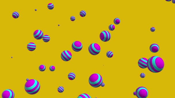 Esferas Azul Violeta Listrado Bolas Voando Girando Sobre Fundo Amarelo — Vídeo de Stock